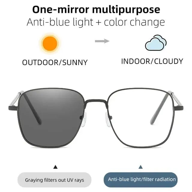 Photochromic Square Metal Frame Glasses – Modern & Lightweight